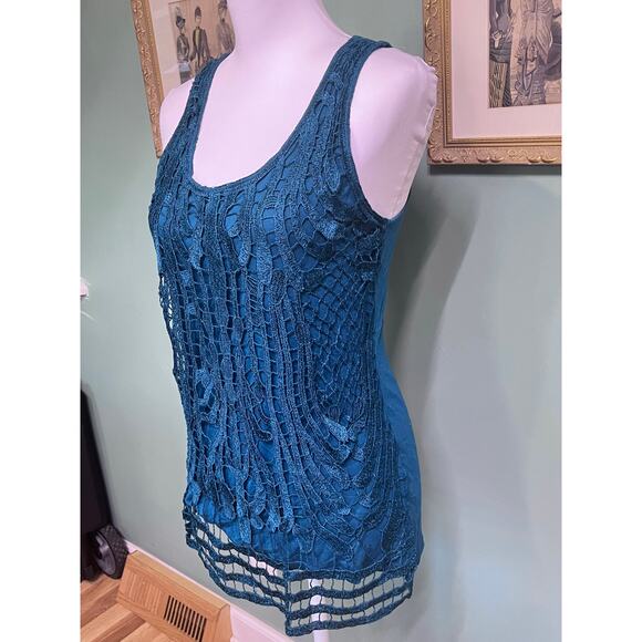 LC Lauren Conrad teal crochet overlay tank top metallic shimmer boho glam M - Picture 4 of 10
